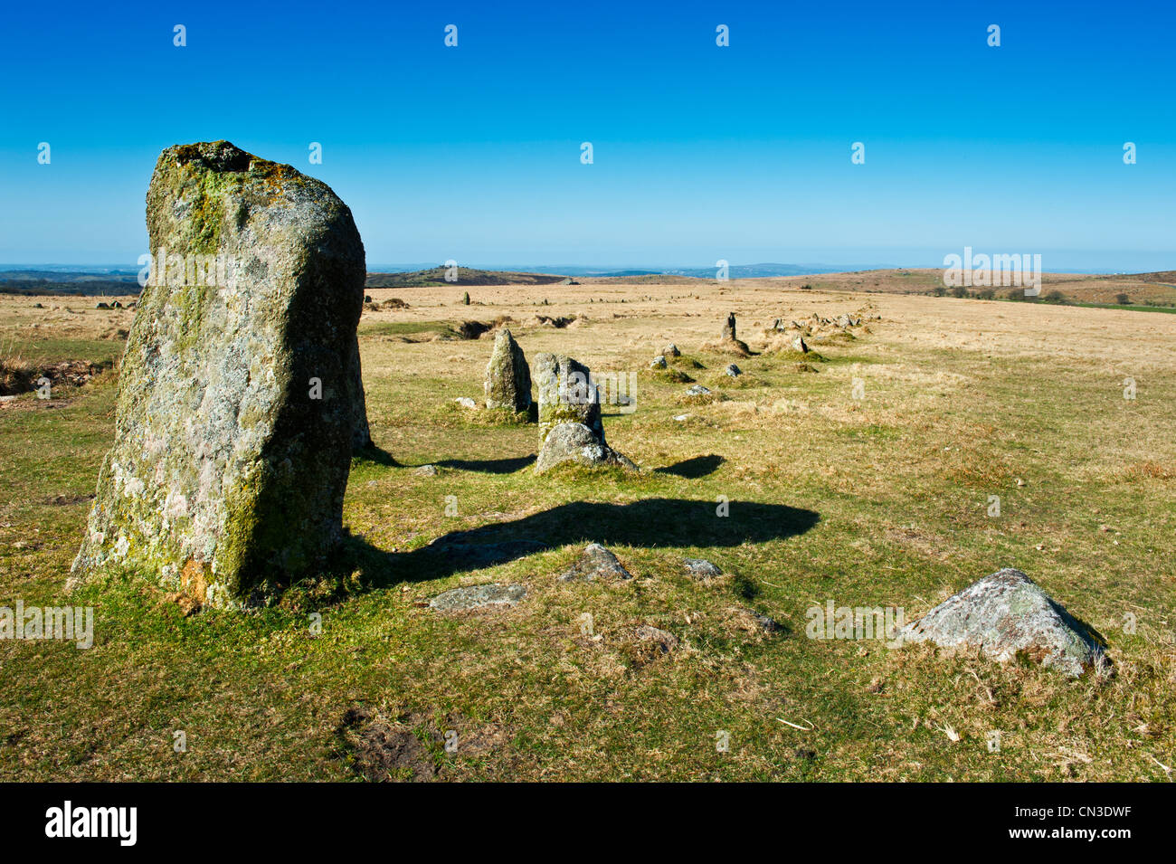 Merrivale est et région sur Dartmor Parc National, où il y a un certain nombre de monuments préhistoriques, les lignes de pierre, cistes etc. cercle Banque D'Images