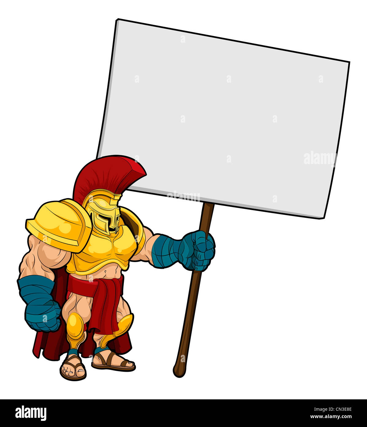 Illustration d'un dessin animé à la dure ou Trojan Spartan soldier holding a sign board Banque D'Images