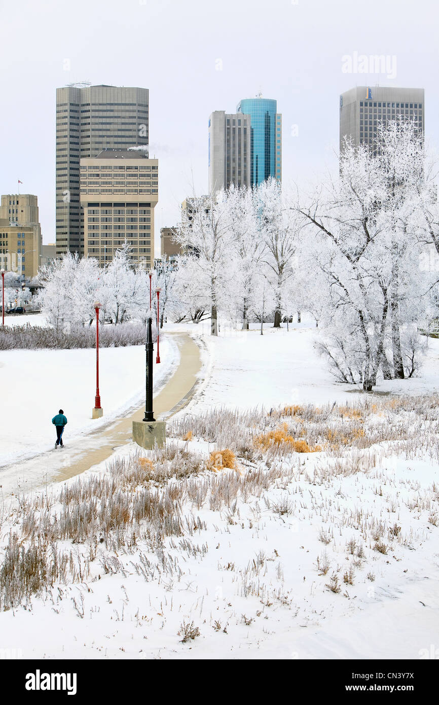Le centre-ville et l'homme jogging le jour d'hiver, Winnipeg, Manitoba Banque D'Images
