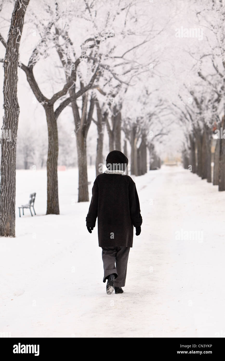 Femme marche vers le bas chemin bordé d'arbres en hiver, parc Assiniboine, Winnipeg, Manitoba Banque D'Images
