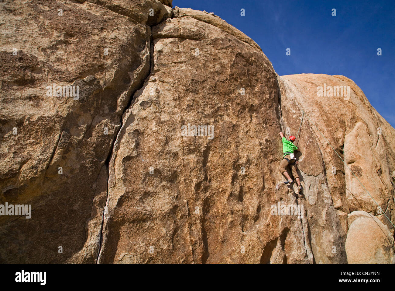 Rock climber dans Joshua Tree National Park, Californie Banque D'Images