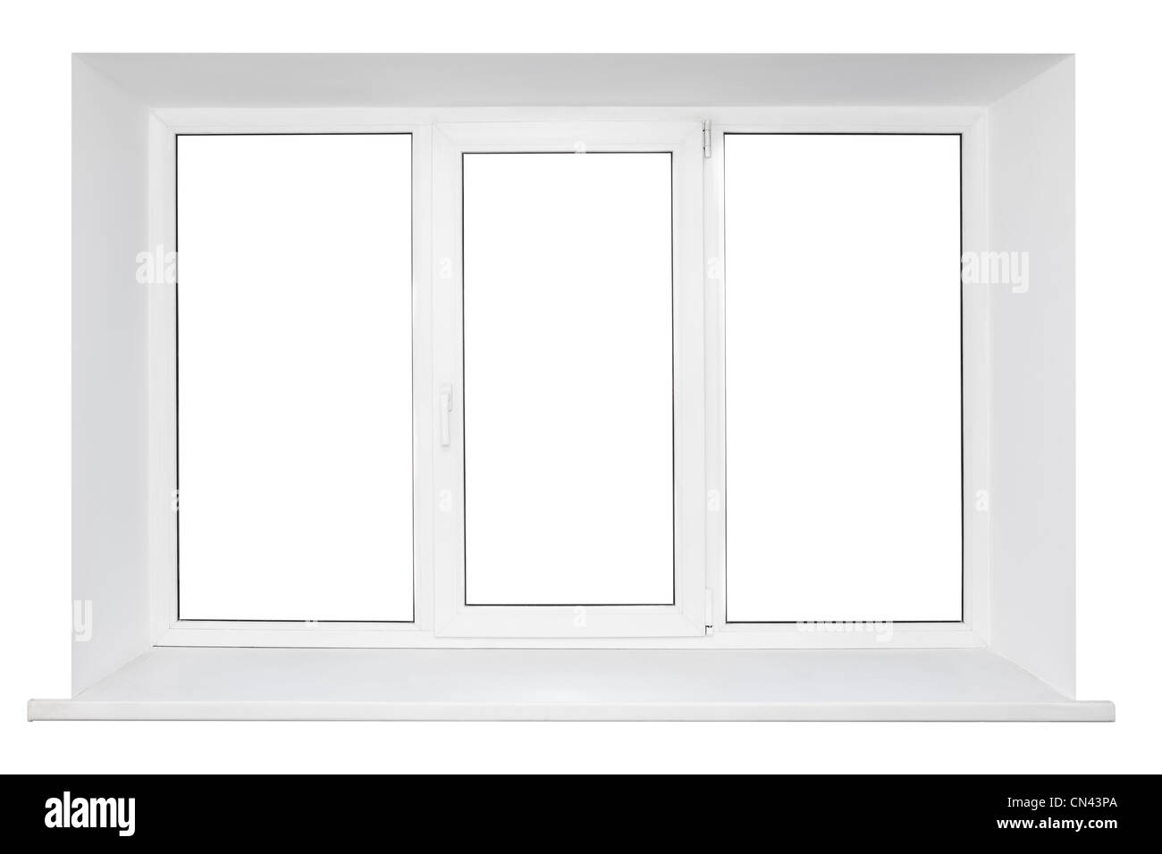 Portes en plastique blanc avec cadre de fenêtre triple rebord isolé sur fond blanc Banque D'Images