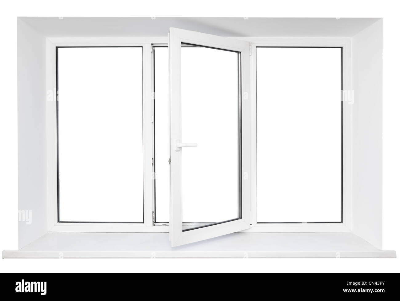 Portes en plastique blanc avec triple cadre de fenêtre de la fenêtre et a ouvert une porte centrale isolé sur fond blanc Banque D'Images