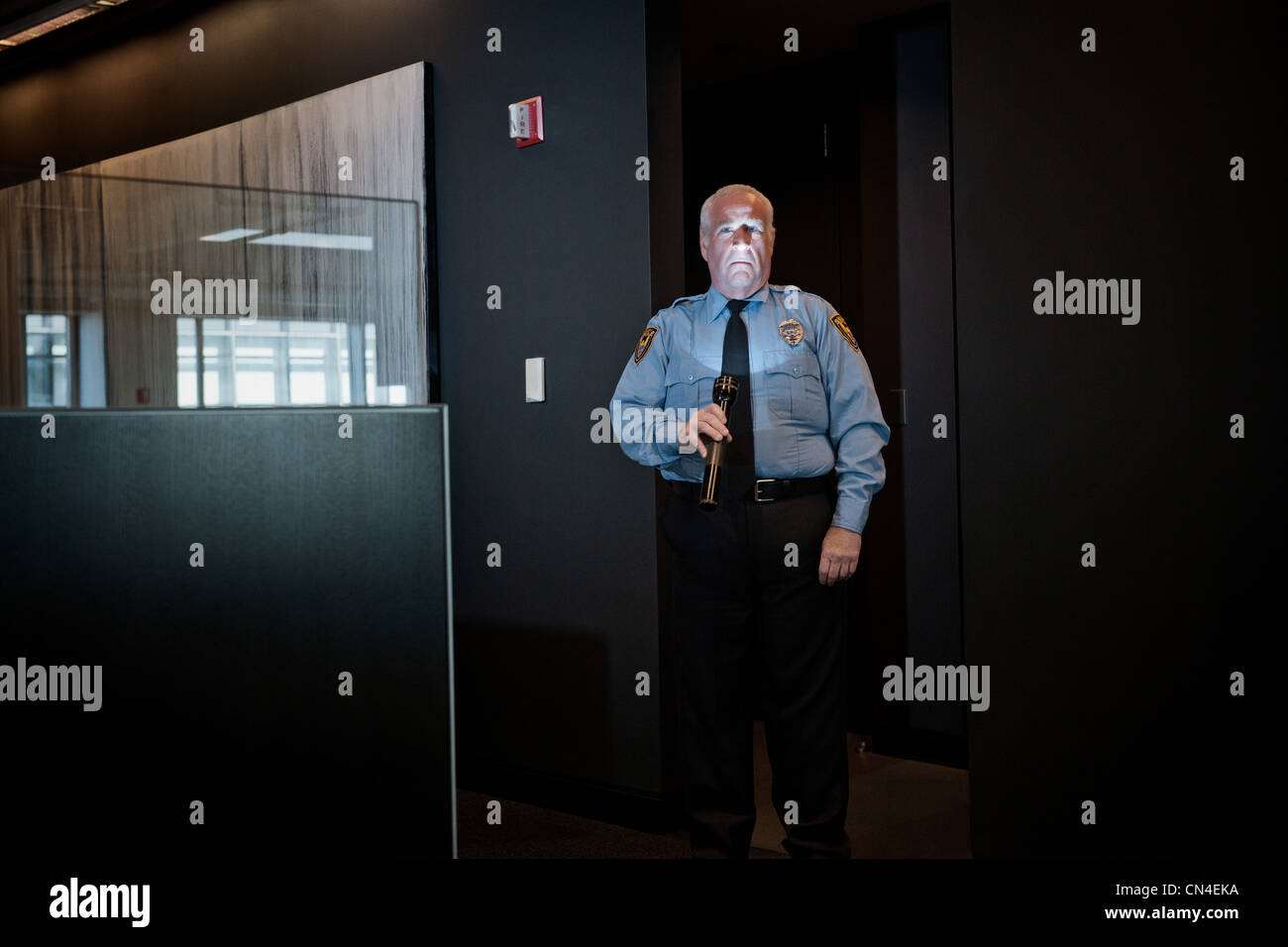 Security guard éclairant le visage avec torch Banque D'Images