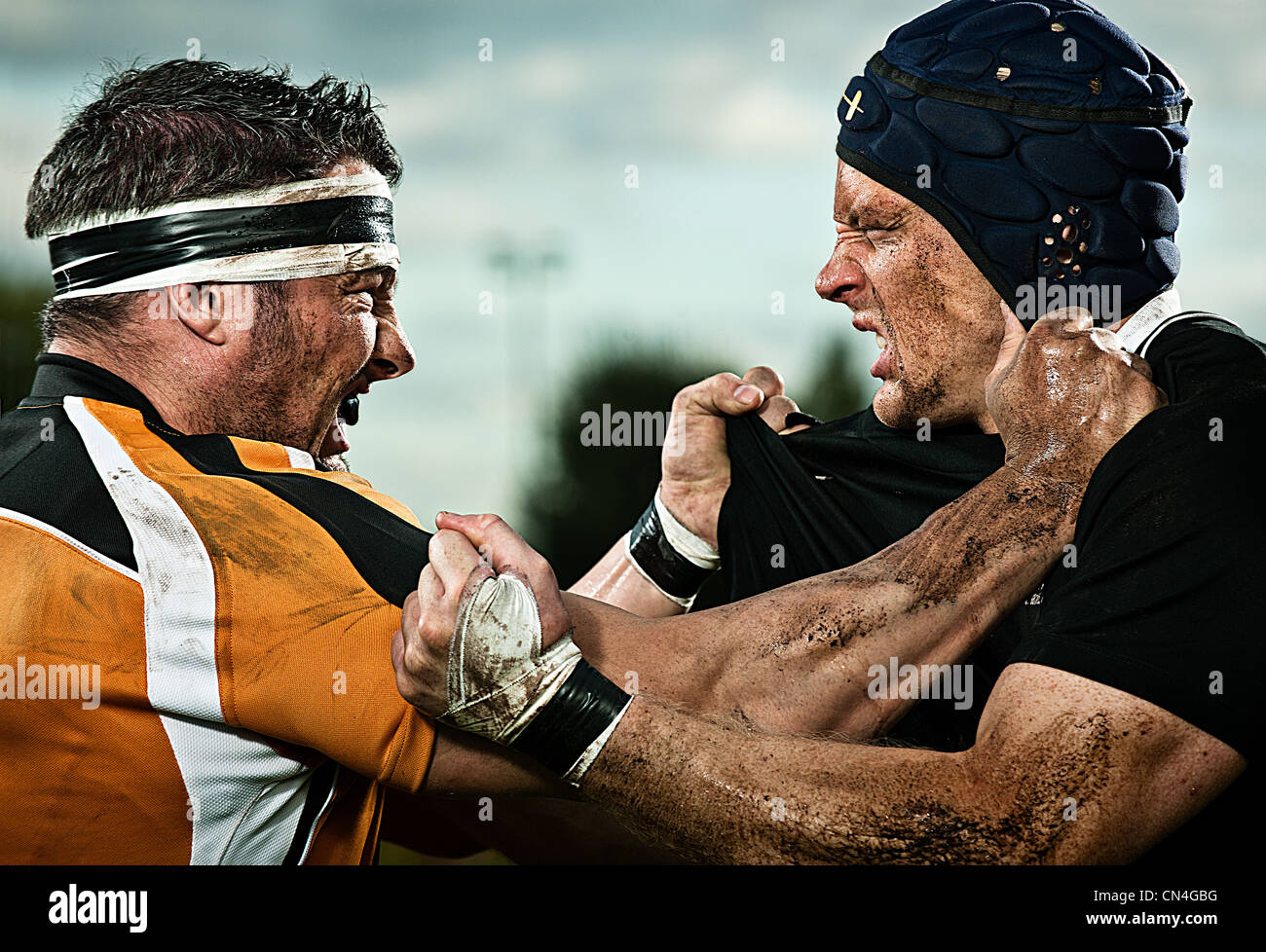 Les joueurs de rugby aux prises les uns avec les autres Banque D'Images