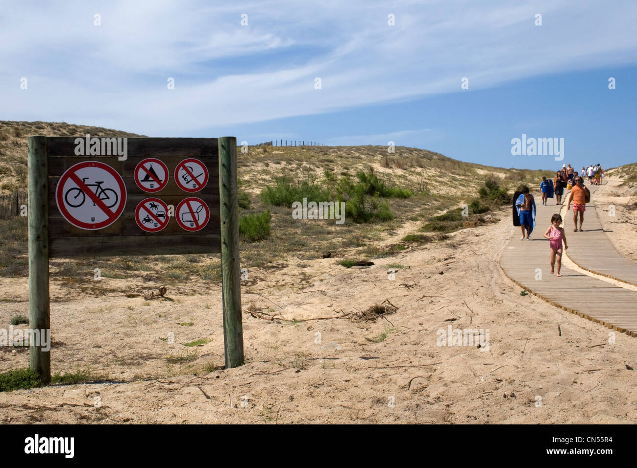 'Non' signe sur une plage - pas de vélo, pas de camping, pas de feux, pas de déchets, pas de chevaux, voitures ou motos Banque D'Images