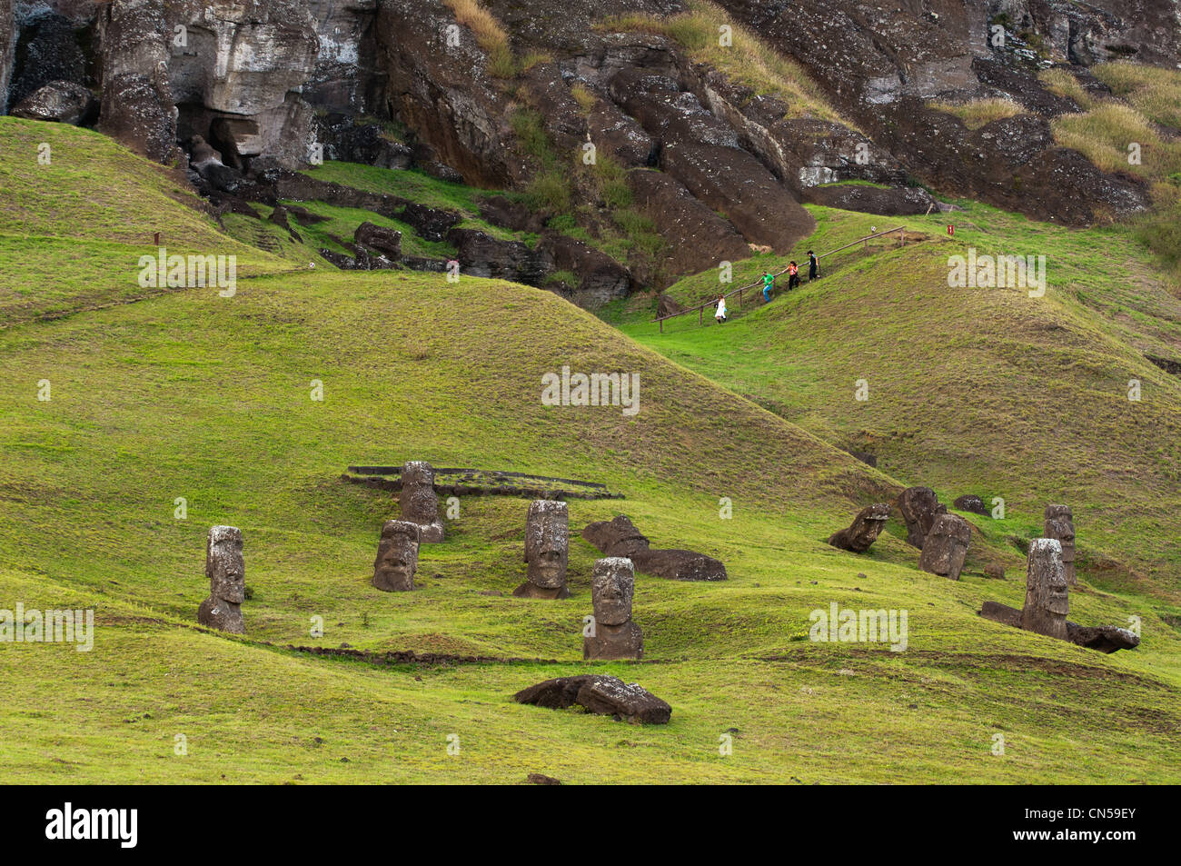 Le Chili, l'île de Pâques (Rapa nui), site classé au Patrimoine Mondial de l'UNESCO, Rano Raraku Banque D'Images