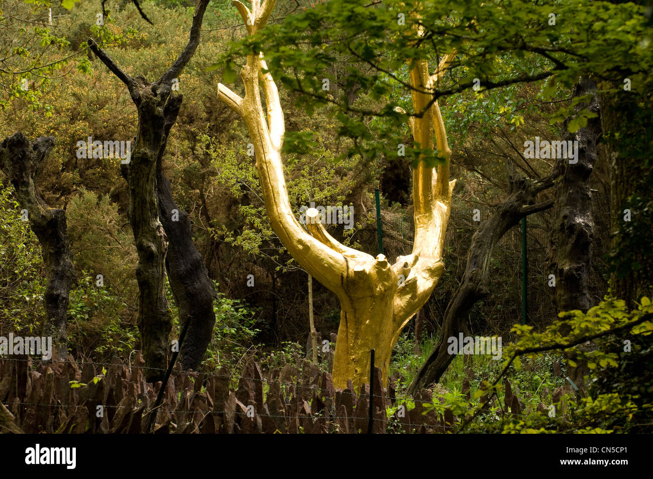 France, Morbihan, Broceliande Forêt, Trehorenteuc, L'arbre d'Or (the Golden Tree) par l'artiste François Davin en Val sans Banque D'Images