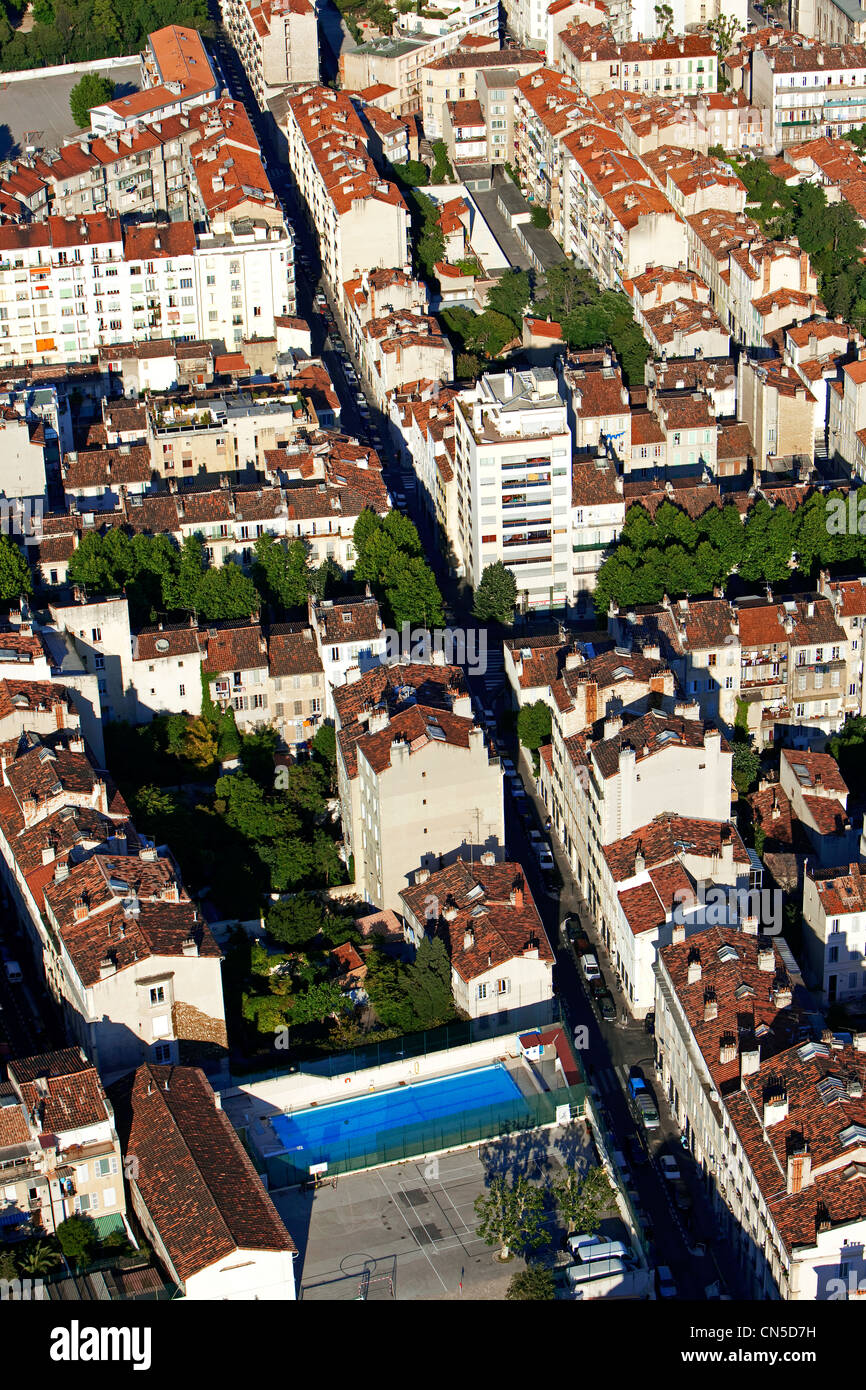 France, Bouches du Rhône, Marseille, 5ème arrondissement, le travail des jeunes de Jean Joseph allemand et la rue Jaubert (vue aérienne) Banque D'Images