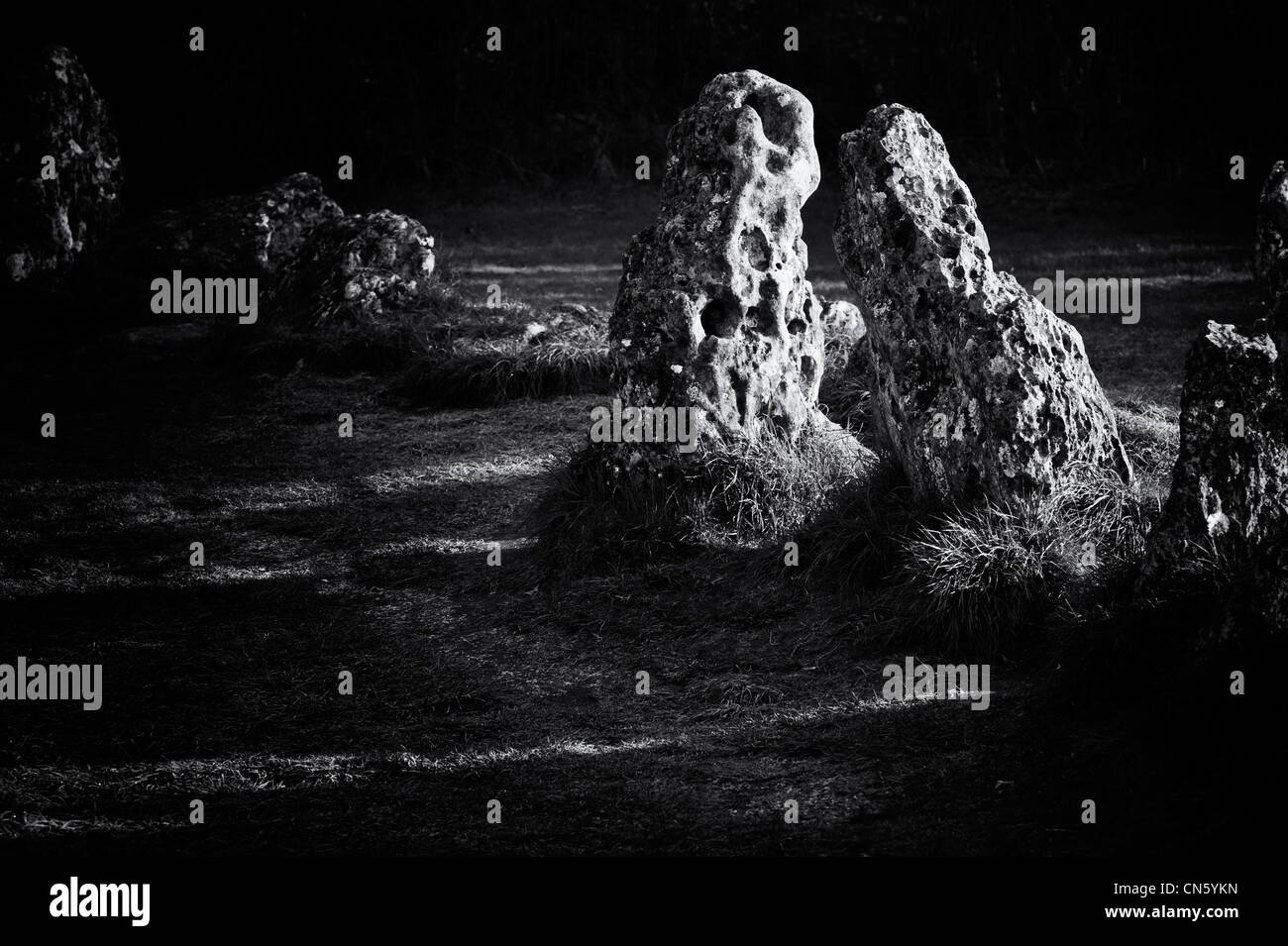 Le Rollright stones, Oxfordshire, Angleterre. Monochrome Banque D'Images