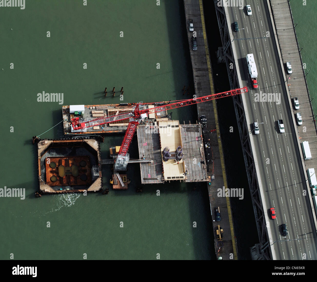 Photographie aérienne de San Francisco Oakland Bay Bridge construction Banque D'Images