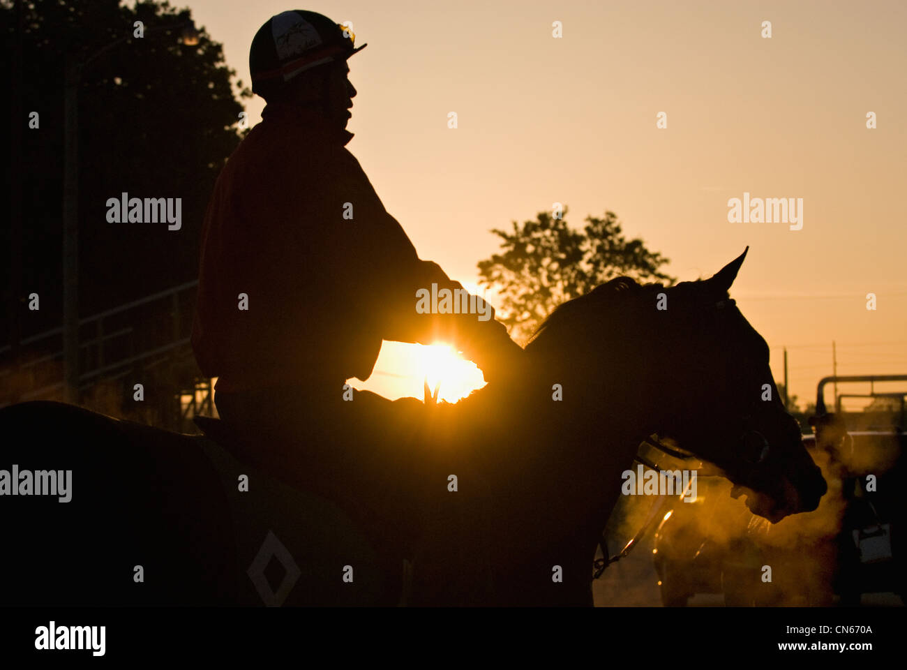 Le cavalier de l'exercice revenant à des pur-sang d'équitation après Exercices du matin durant la Semaine de Derby à Churchill Downs à Louisvillle Banque D'Images