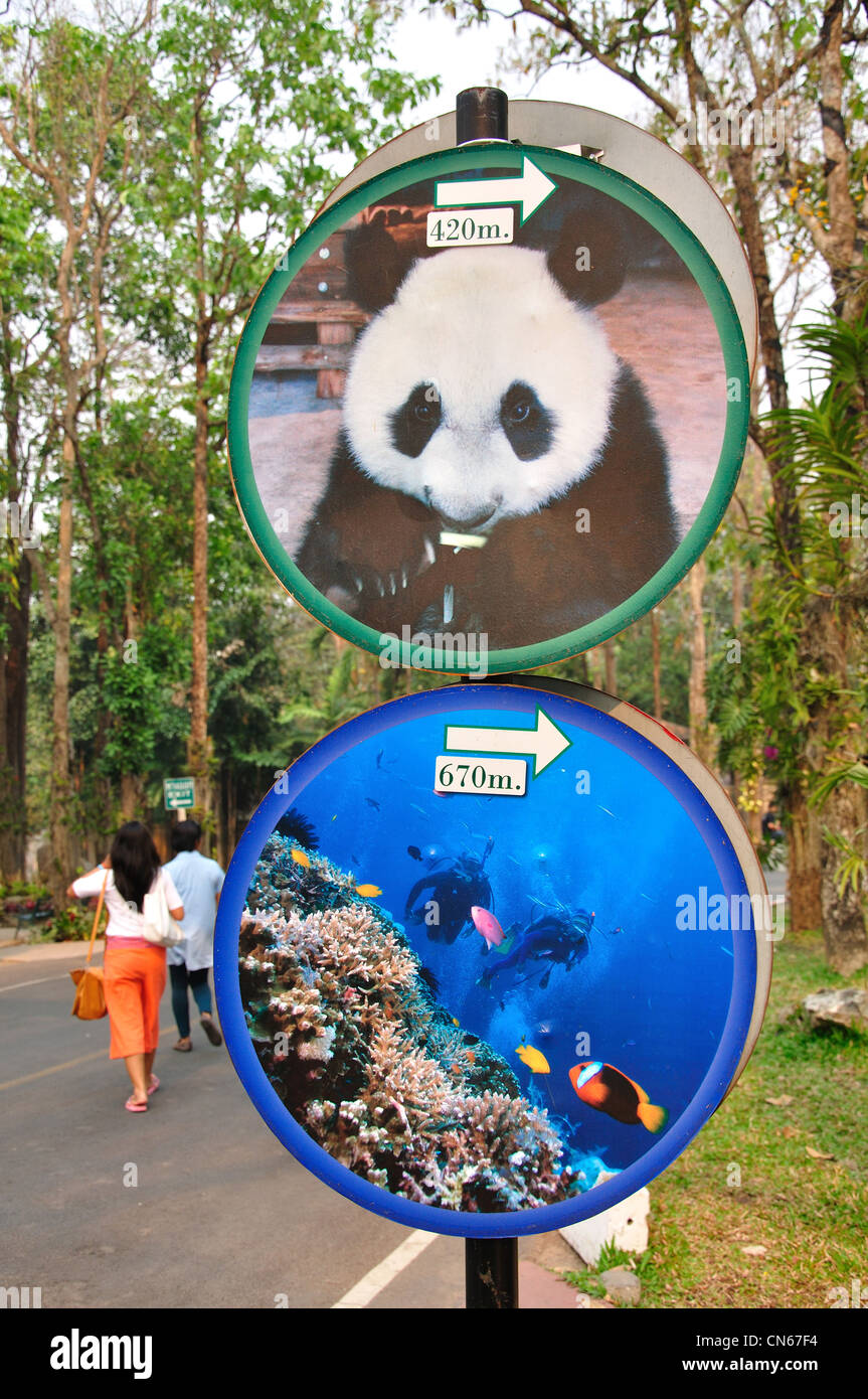 Les panneaux pour boîtier panda et aquarium, zoo de Chiang Mai, Chiang Mai, la province de Chiang Mai, Thaïlande Banque D'Images