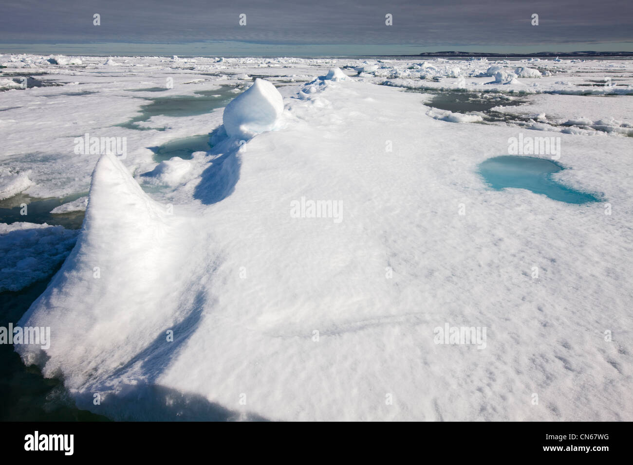 La Norvège, Svalbard, Edgeoya Island, les amoncellements de neige sur la glace de première année sur le matin d'été Banque D'Images