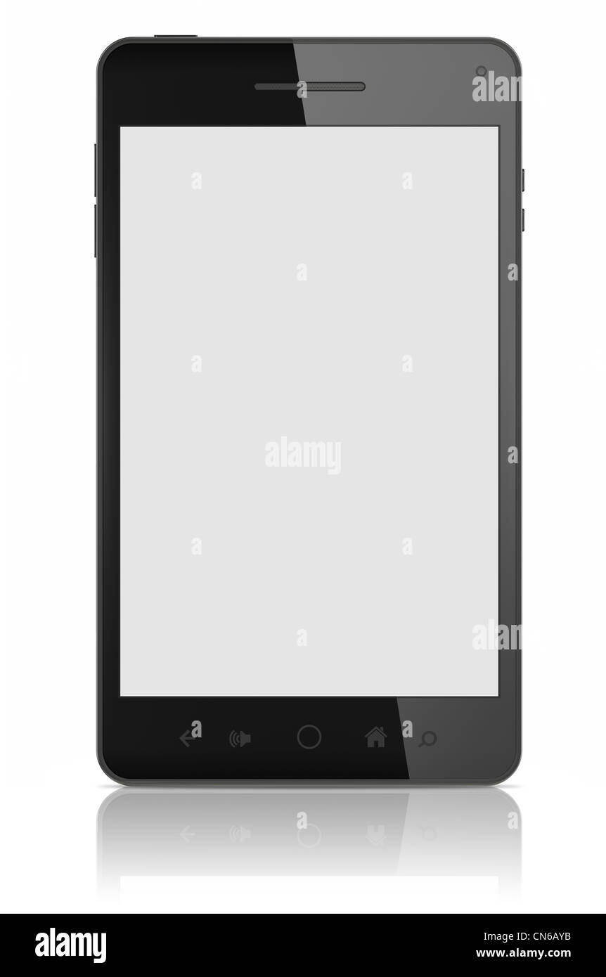 Smart phone moderne avec écran blanc isolé sur blanc.  : Chemin de détourage pour le téléphone et l'écran. Banque D'Images