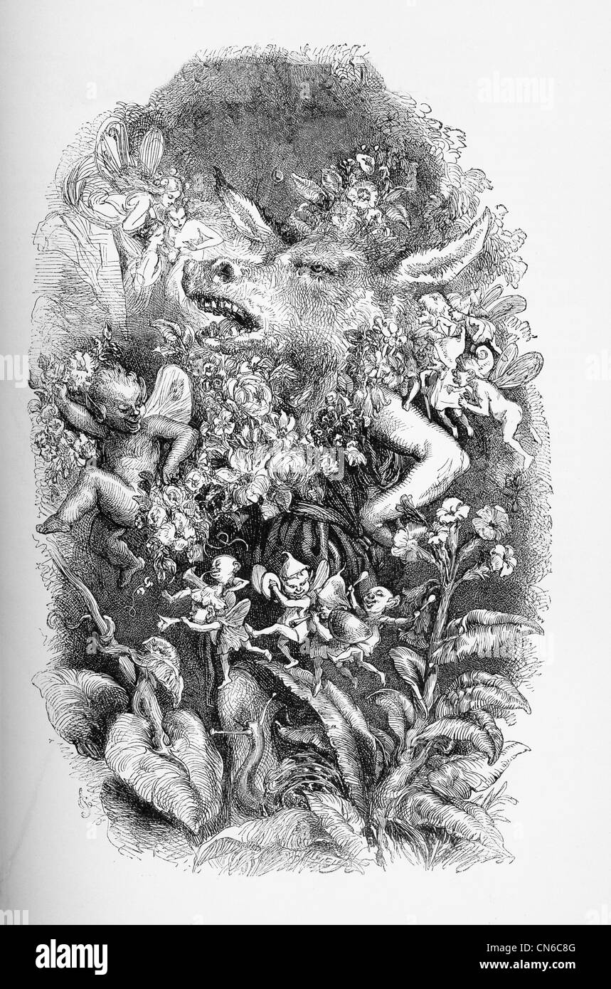 Ce document montre le caractère bas, dont la tête a été transformé en celui d'un âne, entouré par les fées. Banque D'Images