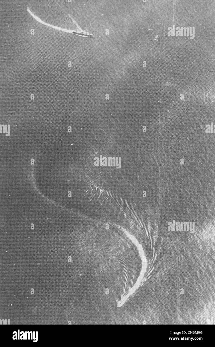 Le 10 mars 1942, l'appel d'offres Kiyokawa Maru (haut) et le destroyer Mochizuki (bas) de la Marine impériale japonaise manœuvrent sous l'attaque aérienne d'un avion de la marine américaine du porte-avions Yorktown dans le golfe Huon, près de la Nouvelle-Guinée. Les deux navires ont échappé à des dommages importants. Banque D'Images