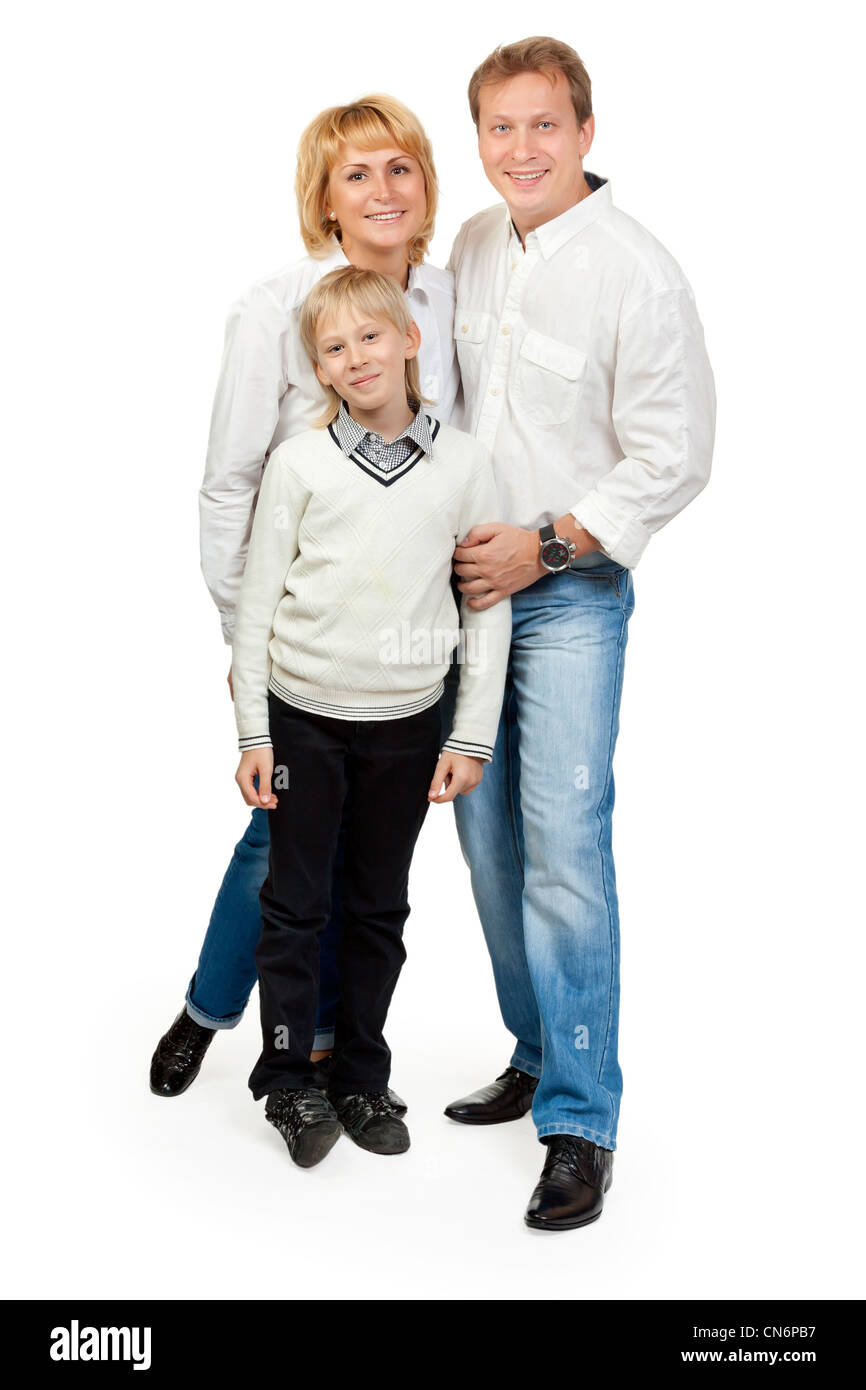 Portrait d'une famille heureuse de trois sur fond blanc Banque D'Images