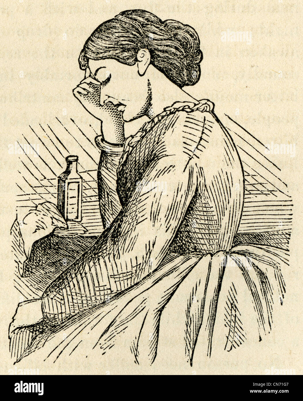1871 gravure, maux de tête. Bouteille de médicaments brevetés, il est indiqué sur le tableau. Banque D'Images