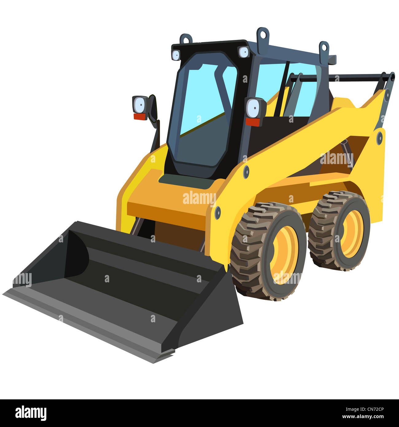 Camion jaune avec un grattoir pour soulever le fret. Banque D'Images