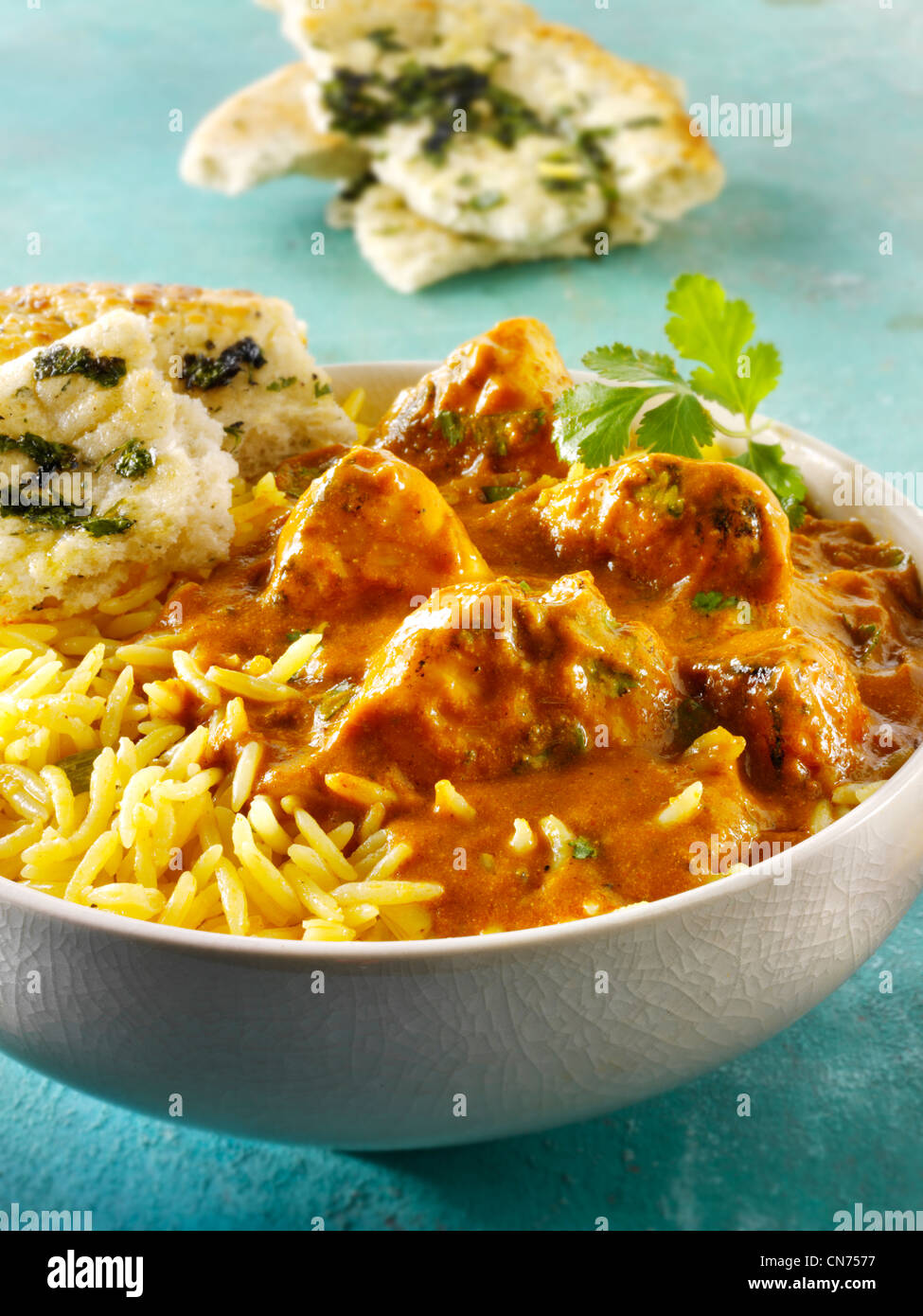 Bhuna poulet Indian Curry de poulet au riz pilaf Banque D'Images