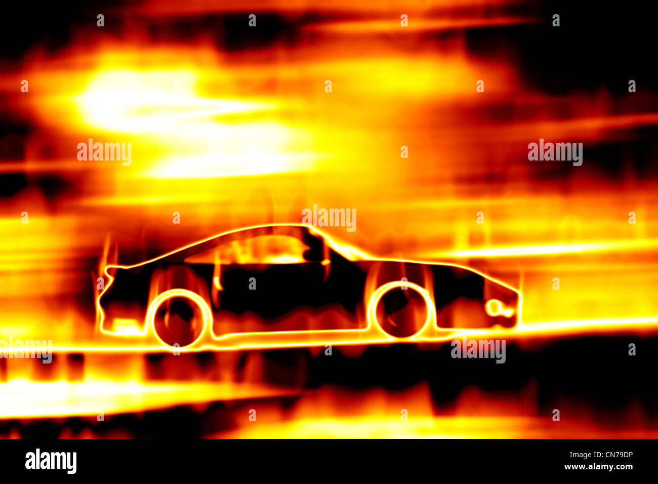 Abstract illustration d'une voiture de sport sur un feu brûlant. Banque D'Images
