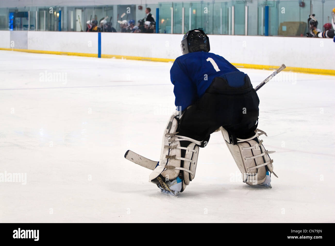 Un gardien de but de hockey qui attendent le retour de la rondelle pour qu'il puisse reprendre son rôle défensif. Profondeur de champ. Banque D'Images