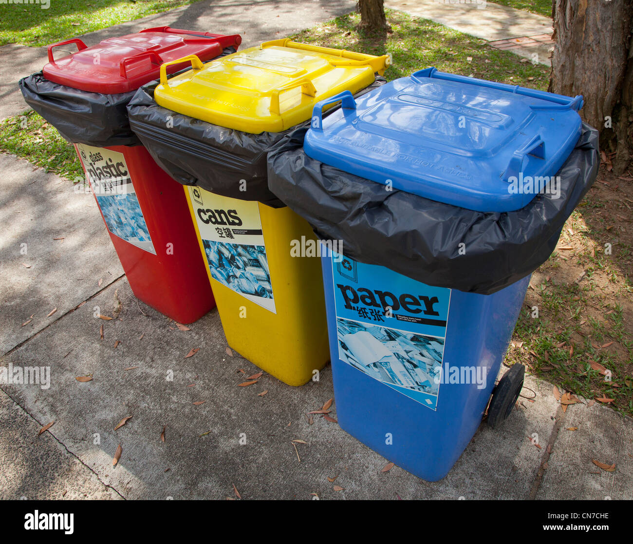 Bacs de recyclage wheely, Singapour, papier, canettes, plastique Banque D'Images