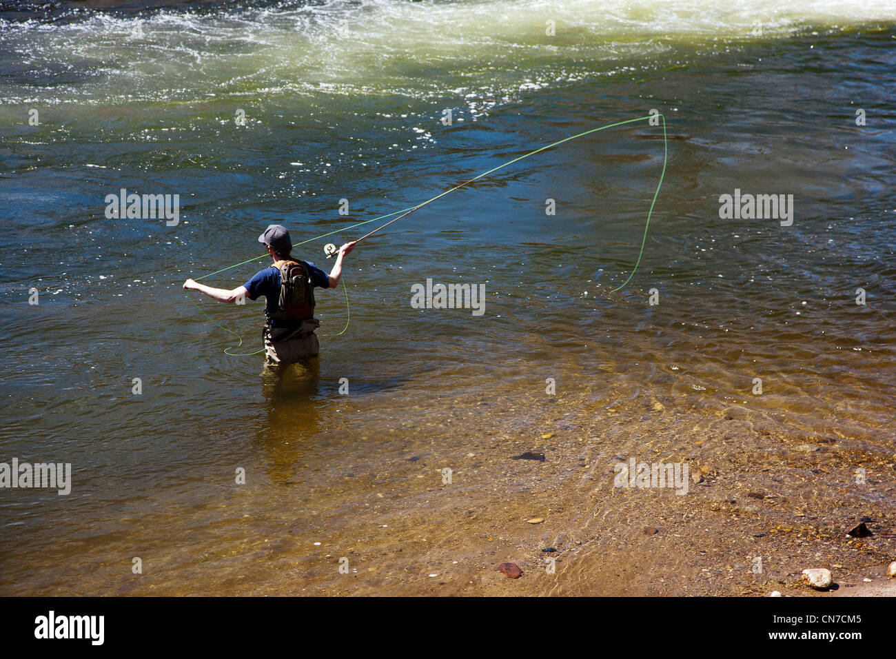 La pêche à la mouche sur la rivière Arkansas qui traverse le centre-ville de quartier historique de la petite ville de montagne de Salida, CO Banque D'Images
