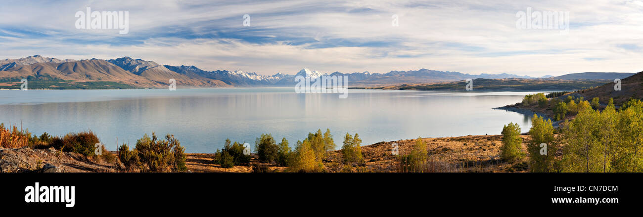 Panorama du lac Pukaki Aoraki/Mont Cook et, Canterbury, Nouvelle-Zélande, en automne. Banque D'Images