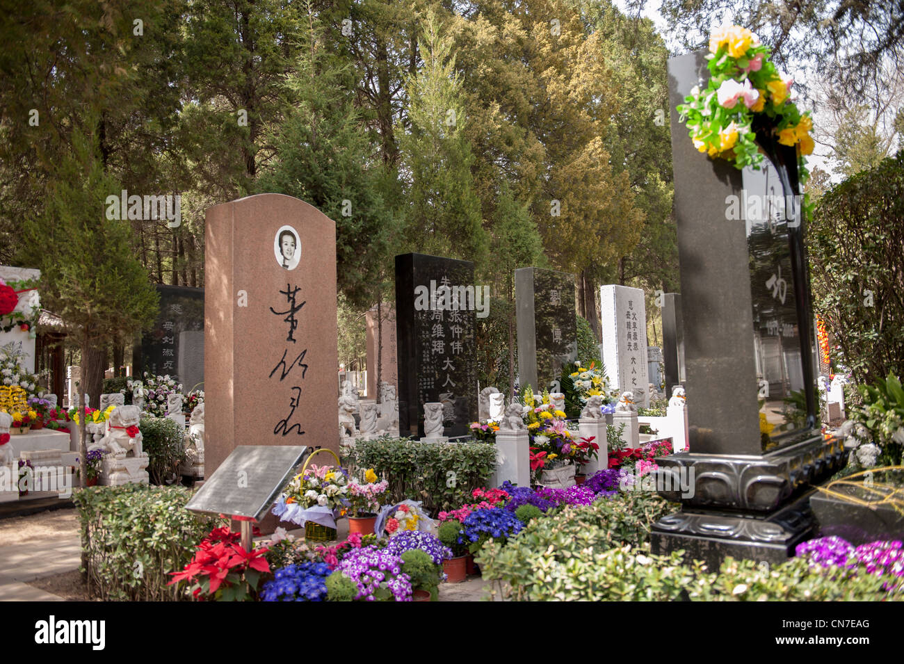 Beijing, Wanan cimetière. Tombes avec beaucoup de fleurs au cours de la fête nationale chinoise tombe 'Jour' de balayage Banque D'Images