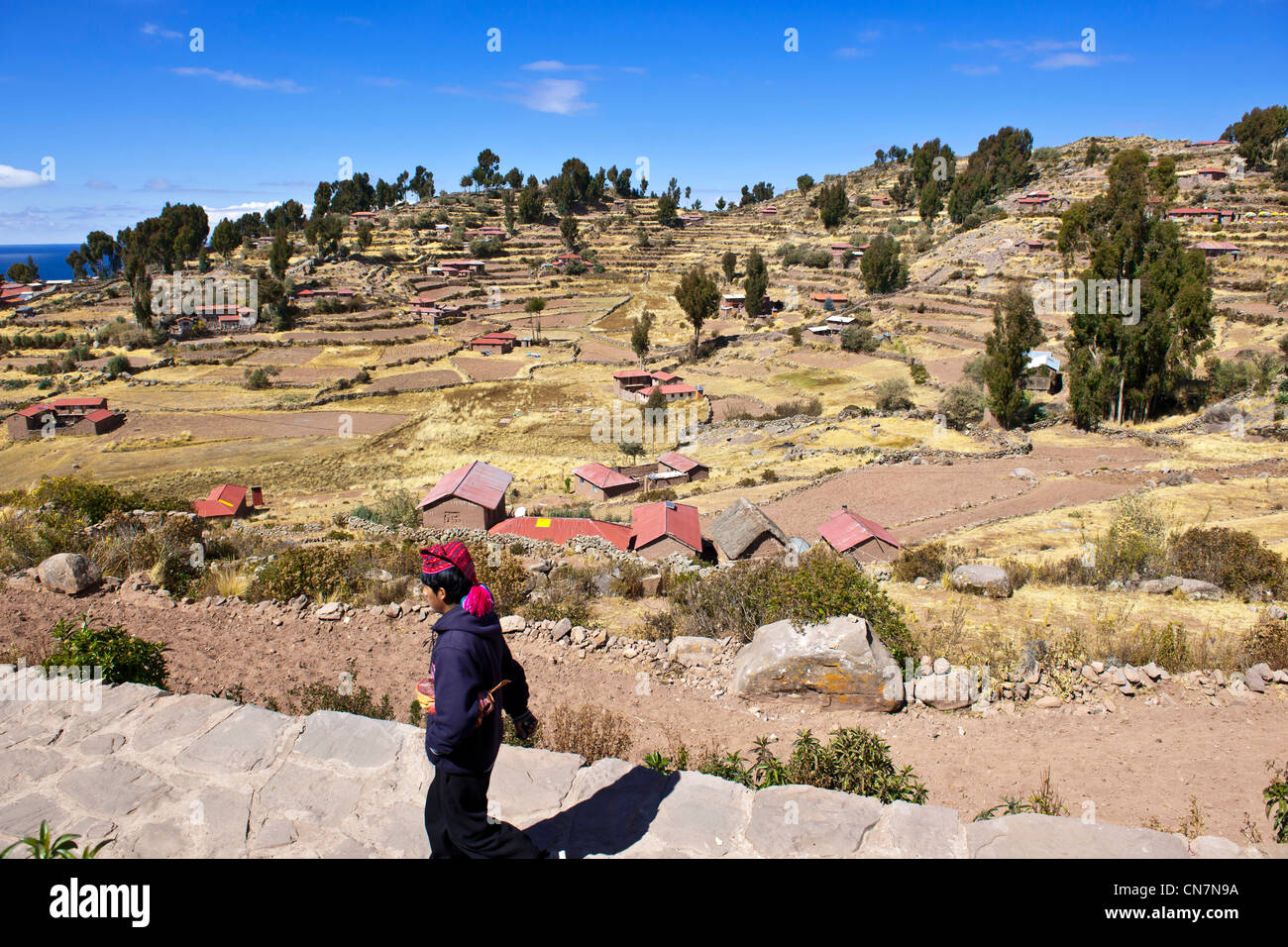 Le Pérou, Puno, lac Titicaca, province de l'île de Taquile, loin du continent, les Indiens Quechua ont gardé une façon traditionnelle de Banque D'Images