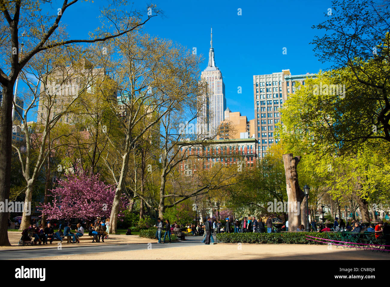 USA New York Ville Manhattan NY NYC Madison Square Park Parcs vue sur Empire State Building printemps ensoleillé en plein air Banque D'Images