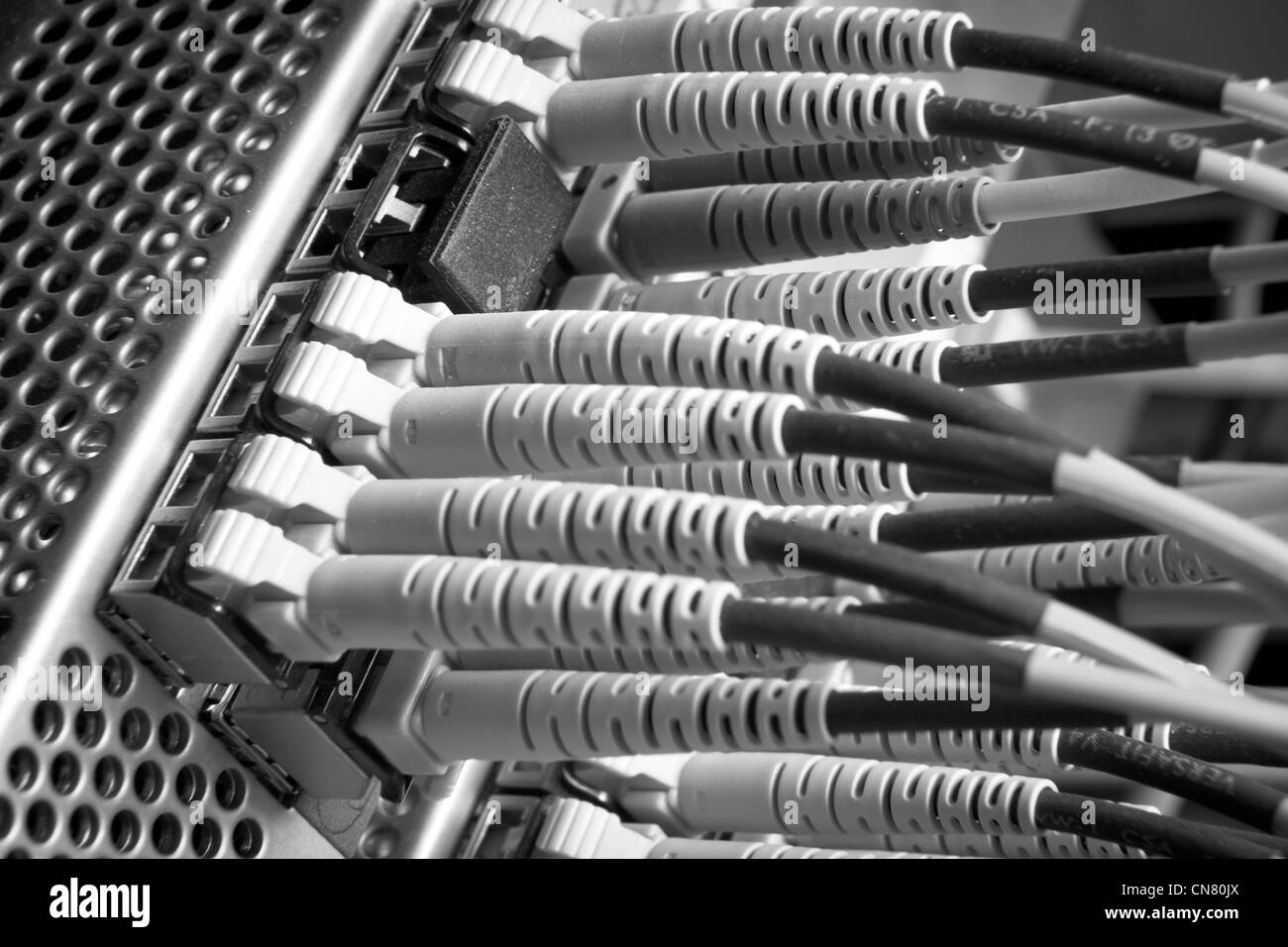 Fibre optique câbles connectés au hub Banque D'Images