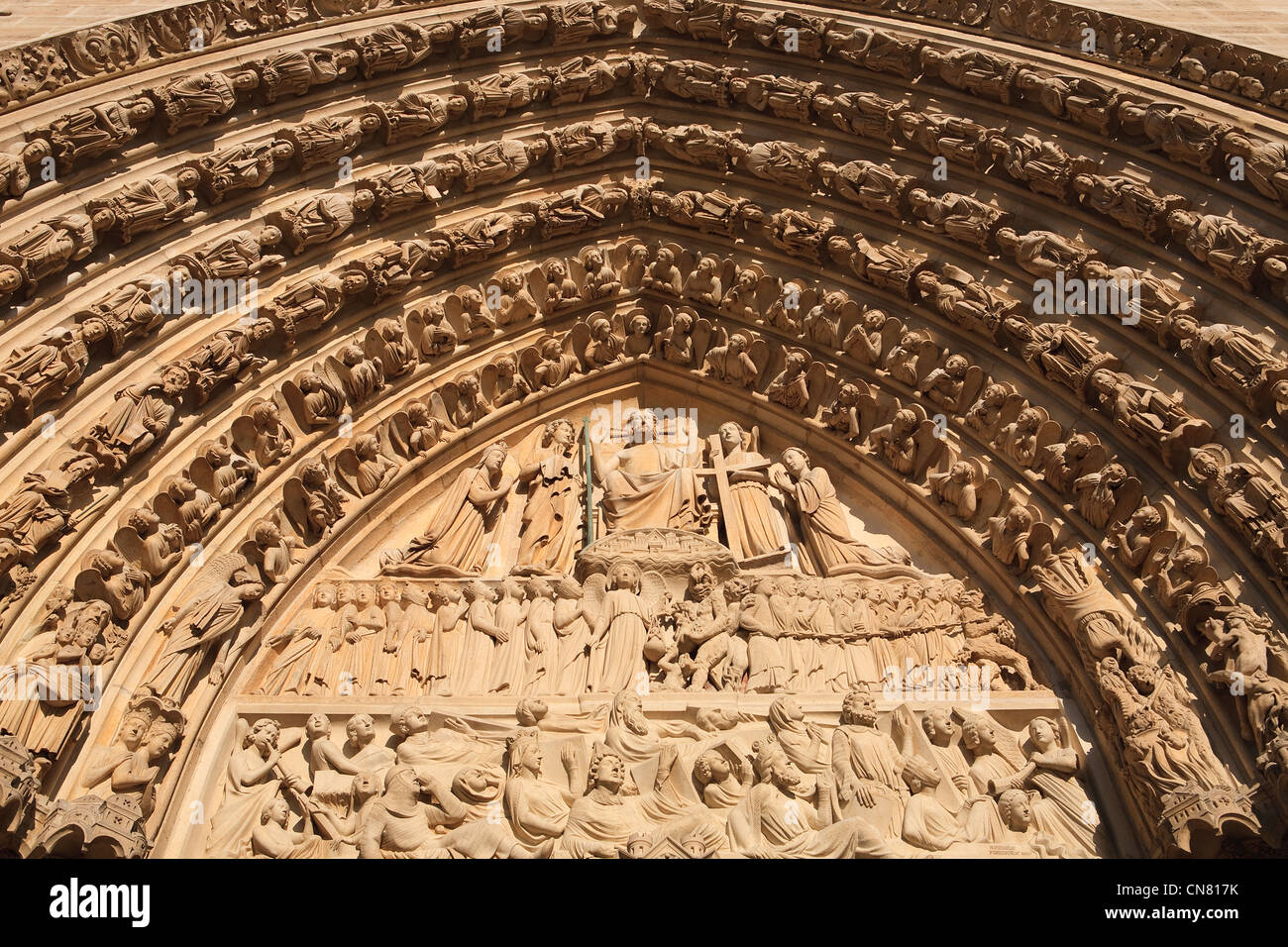 France, Paris, Notre Dame de Paris, détail du portail du Jugement Dernier Banque D'Images