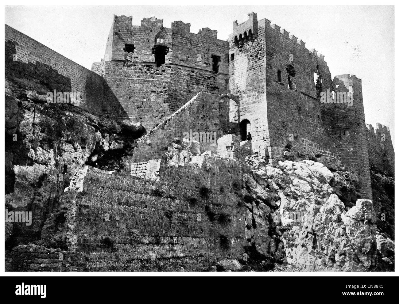 D'abord publié 1915 Château de l'île de Rhodes Lindos Banque D'Images