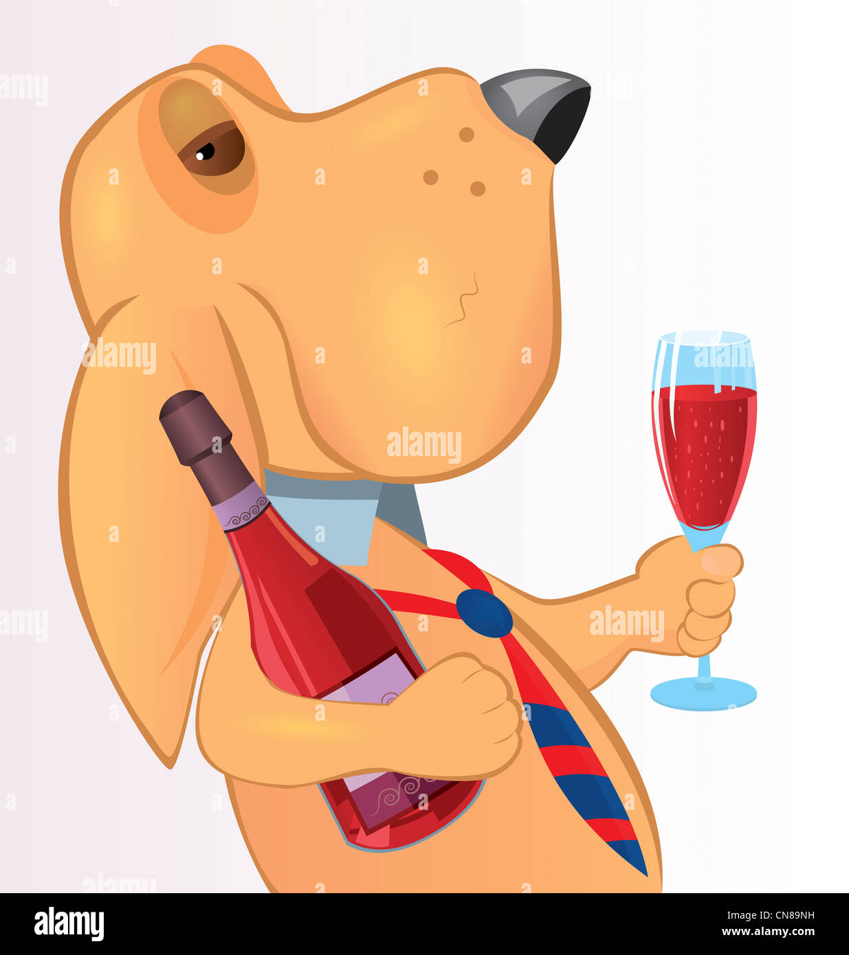 Personnage de chien tenant la bouteille et verre de vin vector illustration Banque D'Images