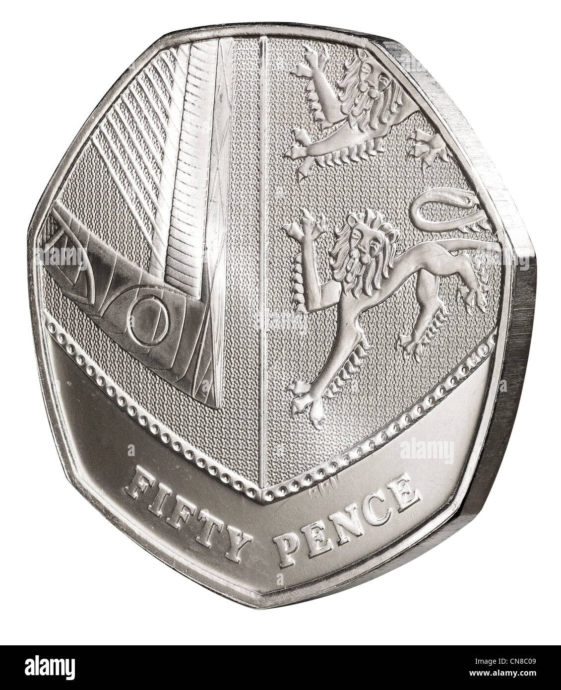 50p cinquante pence coin side sur le bord arrière de la queue Banque D'Images