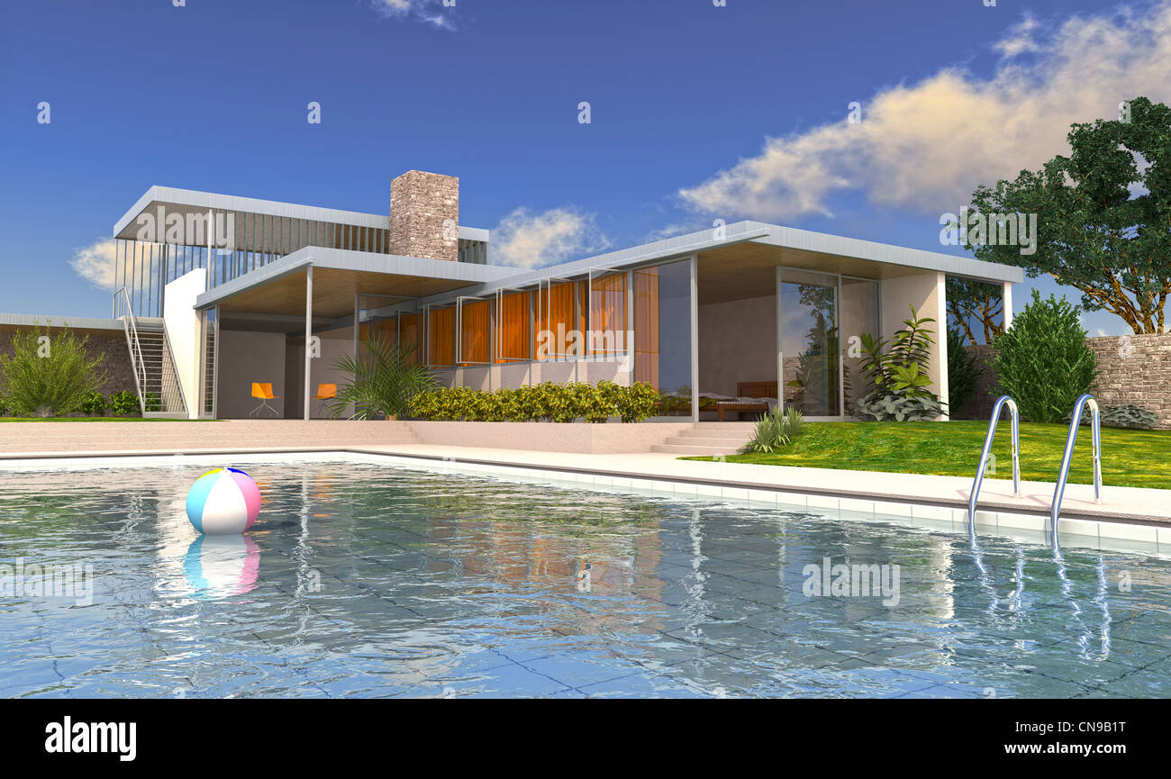 Maison moderne avec piscine en plein jour, avec ciel bleu et nuages moelleux sur l'arrière-plan. Banque D'Images