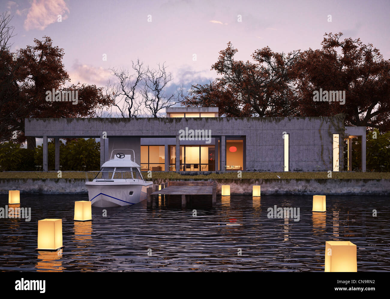 Maison moderne de luxe sur l'eau au coucher du soleil, avec l'examen par les pairs et yacht. Les feux lumineux flottant sur l'eau donnent une atmosphère spatiale. Banque D'Images