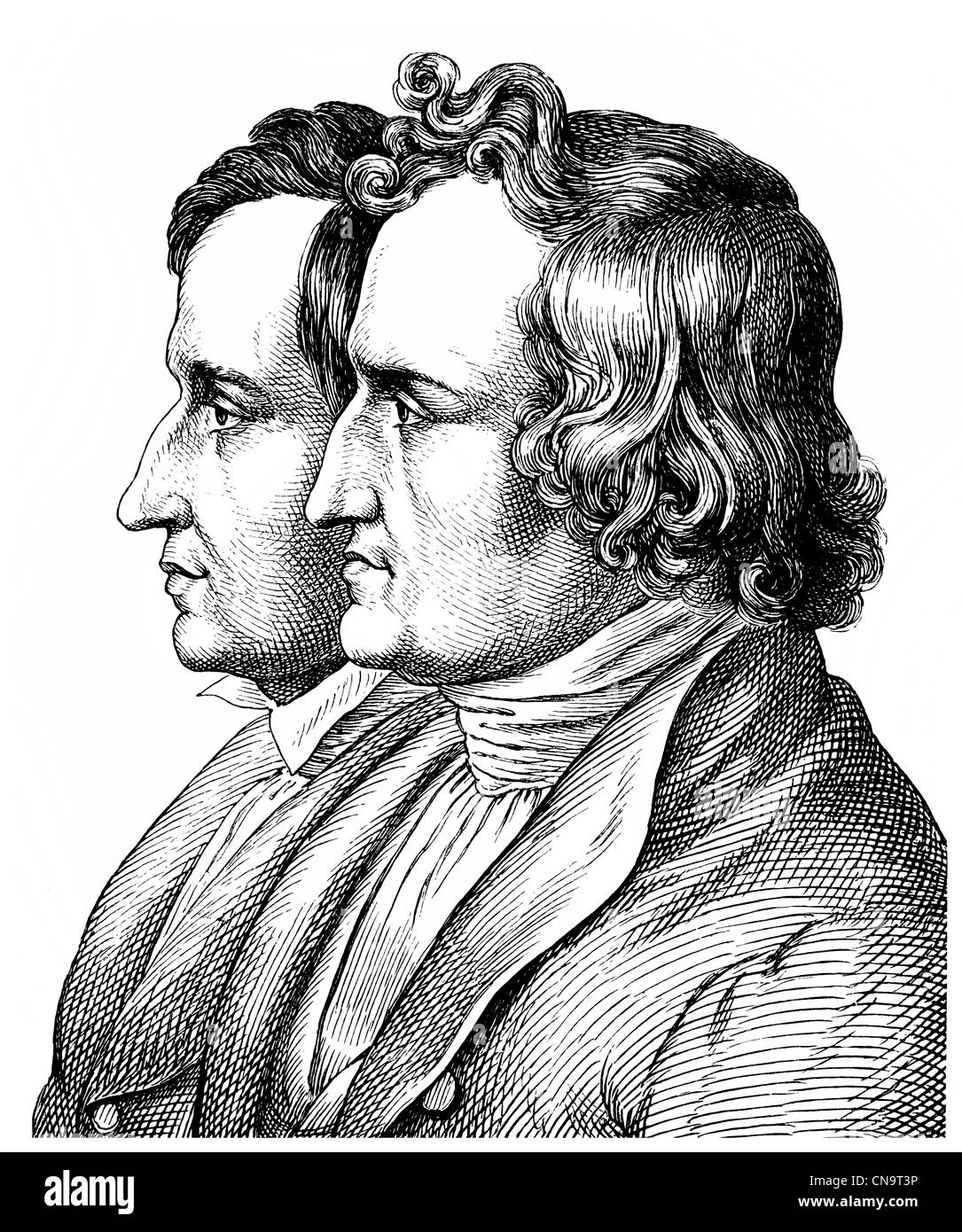 Les frères Grimm, Jacob Ludwig Karl Grimm, 1785 - 1863 et Wilhelm Carl Grimm, 1786 - 1859 Banque D'Images