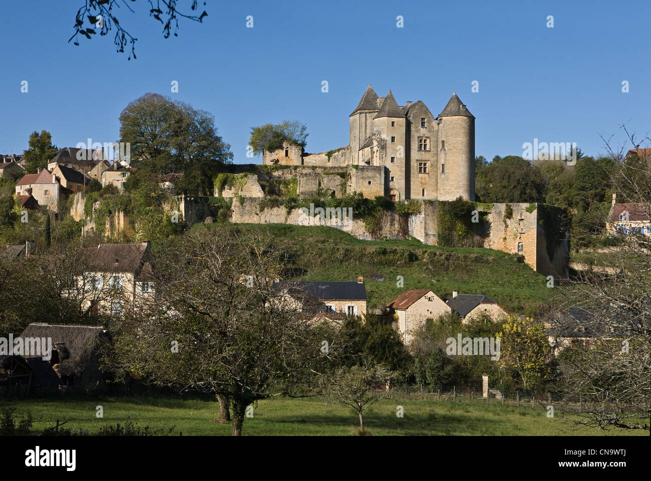 France, dordogne, Périgord Noir, Salignac Eyvigues, Salignac Château et maisons du village Banque D'Images