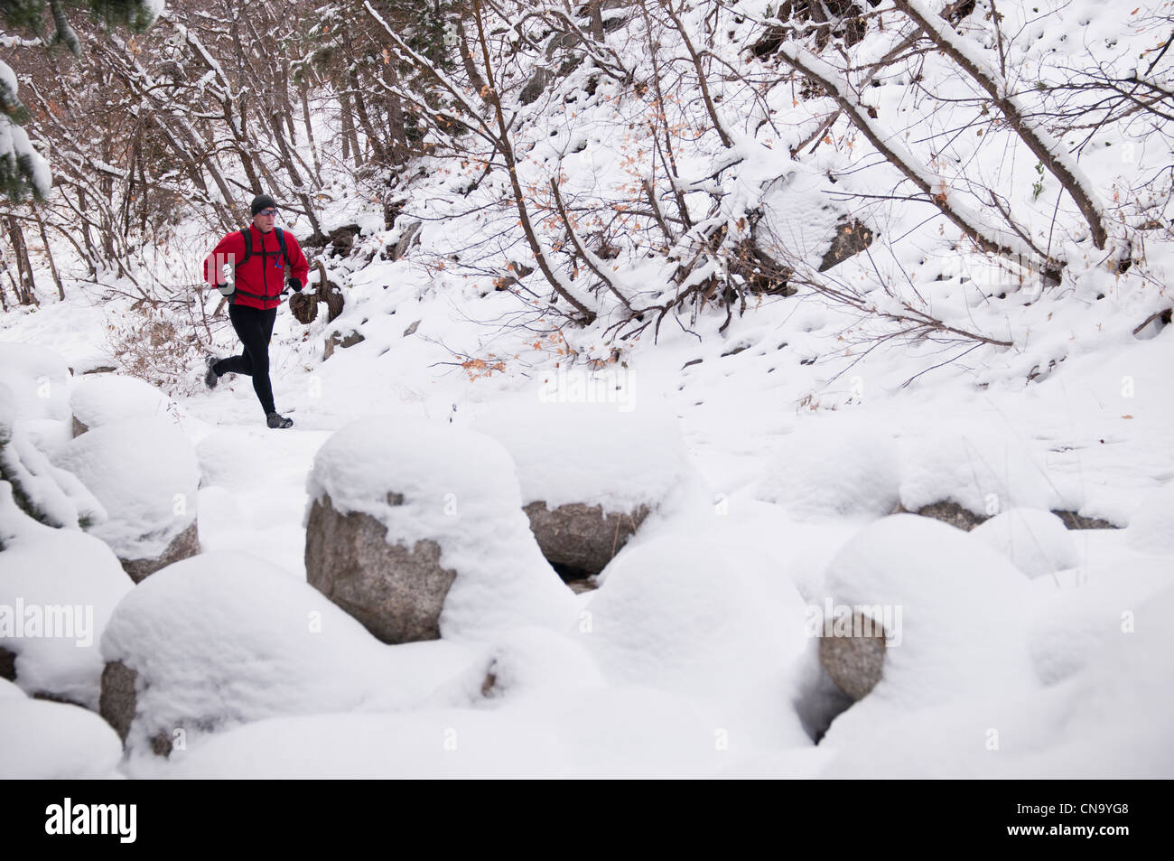 Man running in snowy landscape Banque D'Images