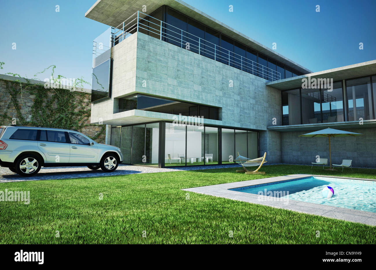 Villa de luxe moderne avec piscine. L'architecture très élégante, faite de béton et de verre. Banque D'Images