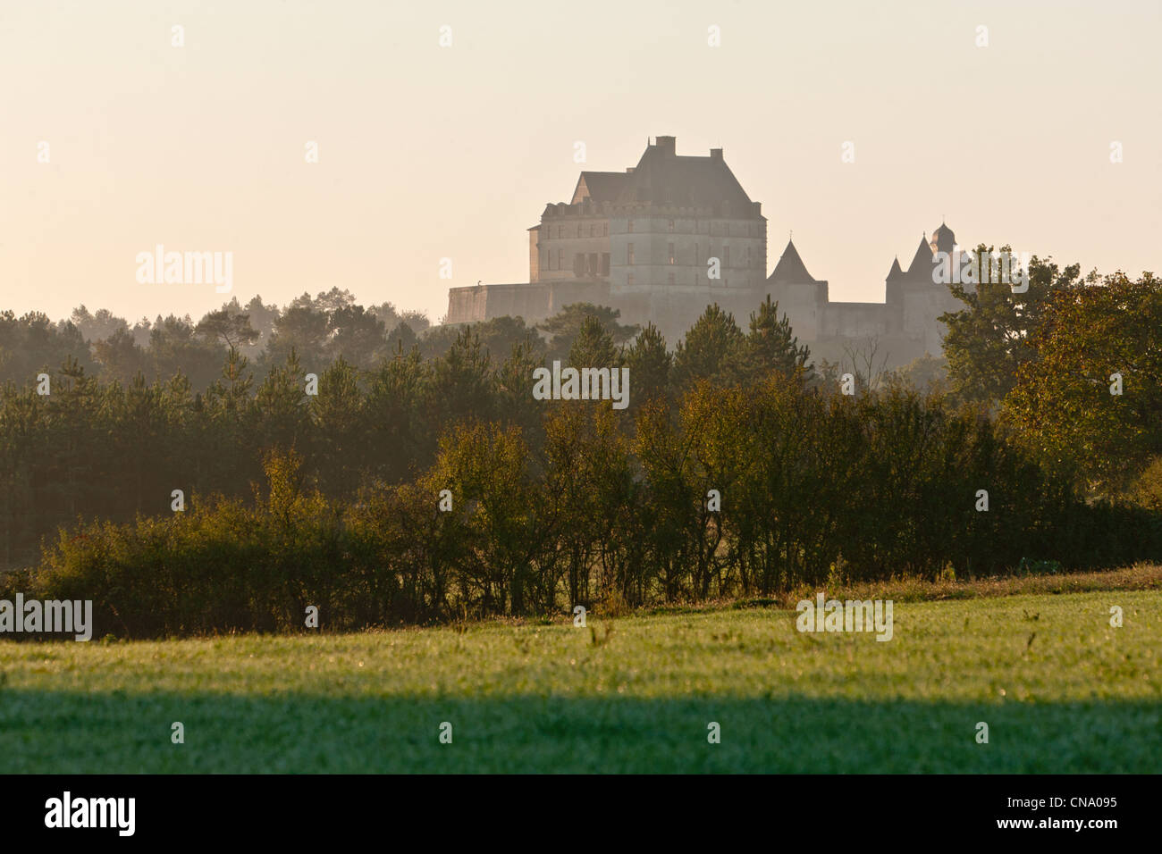 France, Dordogne, Biron, Biron château dans la brume du matin Banque D'Images
