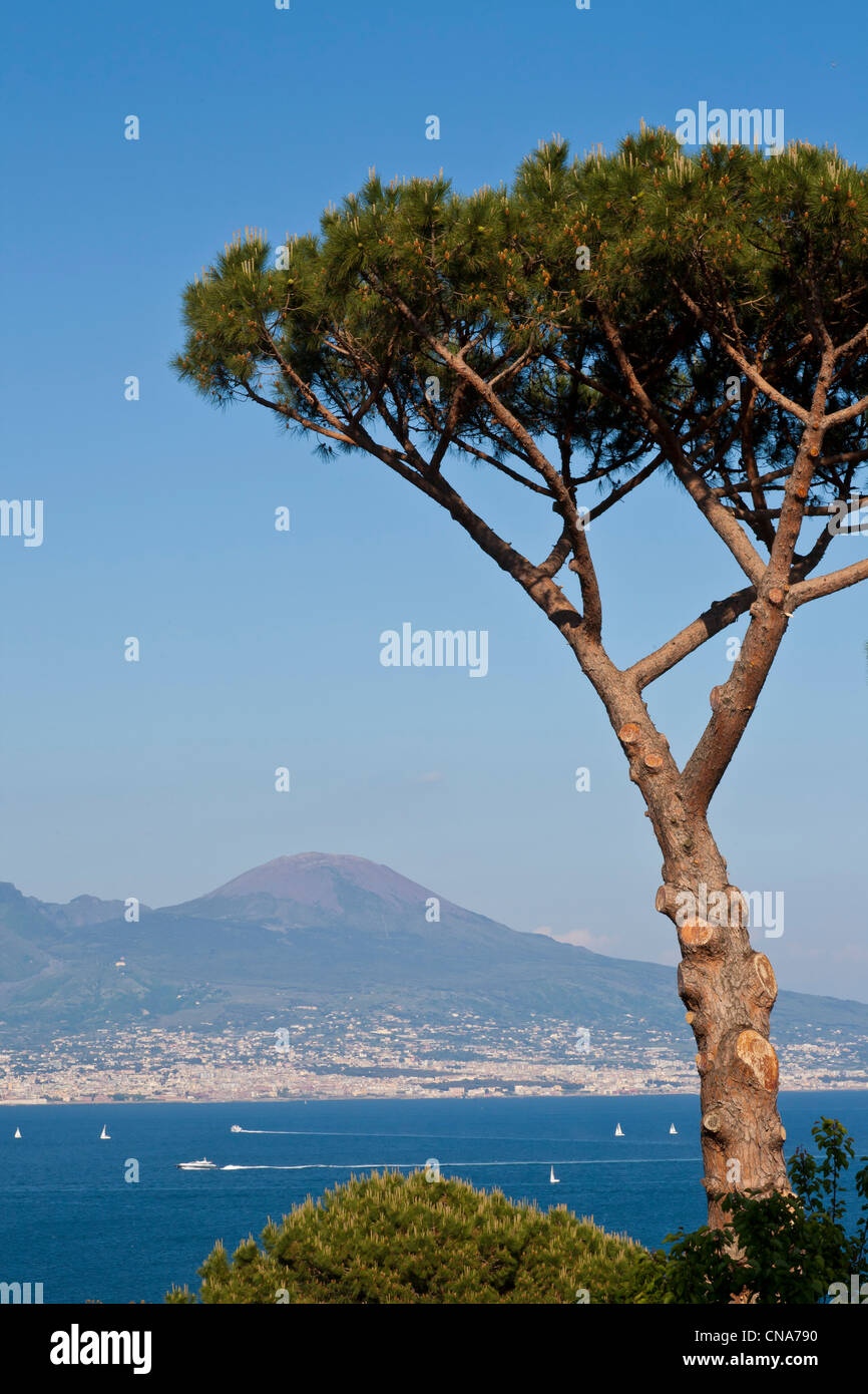 L'Italie, Campanie, Naples, vue sur la baie et le Vésuve depuis le quartier de Mergellina Banque D'Images