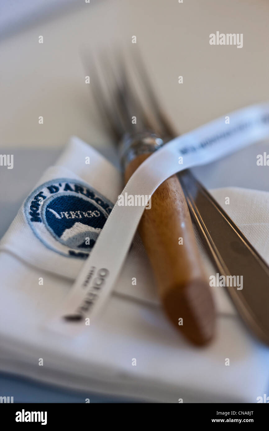 France, Haute Savoie, Mont Blanc, Saint Gervais Les Bains, restaurant le Vertigo, couverts Banque D'Images