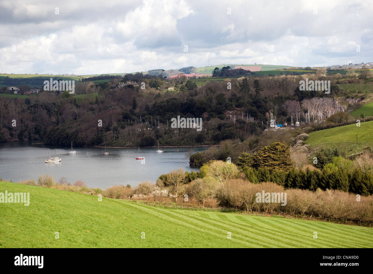 Smugglers Haunt Hotel Creek,Devon, champs, arbres, limite, Banque D'Images