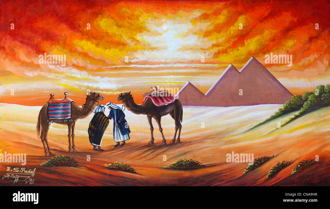 Scène du désert égyptien, acrylique sur papier papyrus Banque D'Images