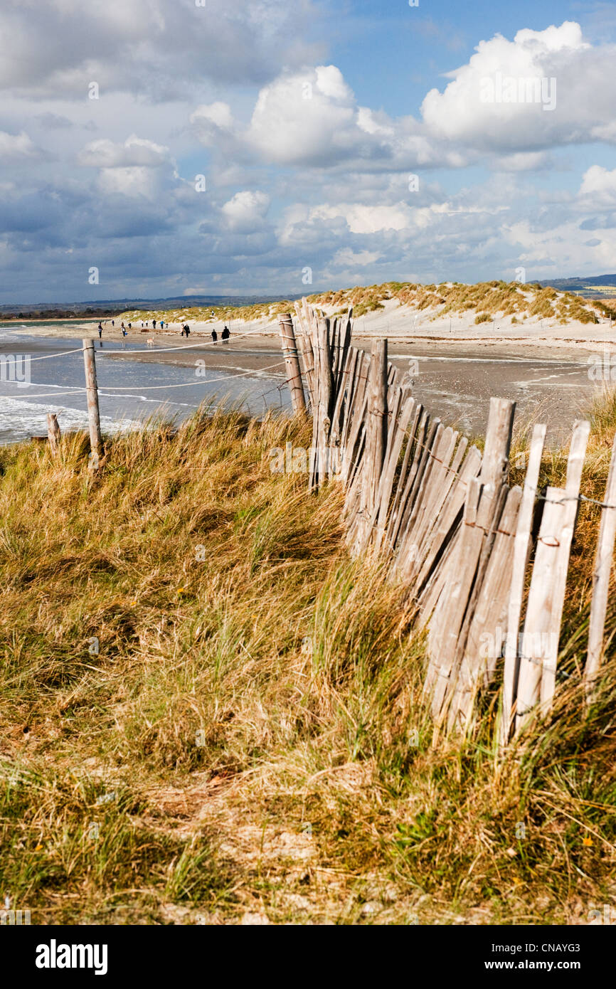 Vue de la tête de l'Est par West Wittering beach avec des promeneurs et clôture. Les nuages orageux rassemblement. Banque D'Images